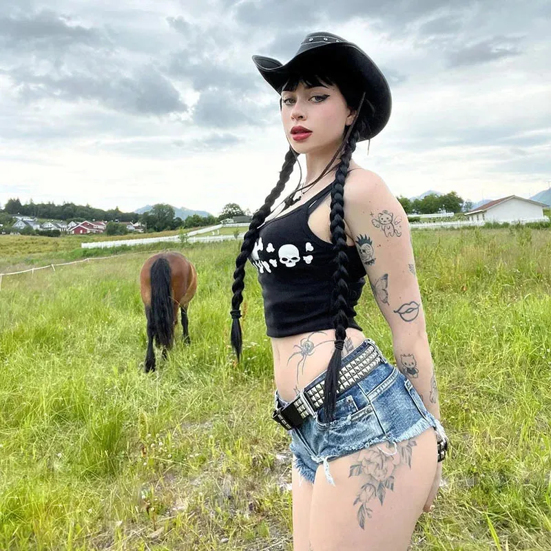 Black Gothic Skull Print Crop Top