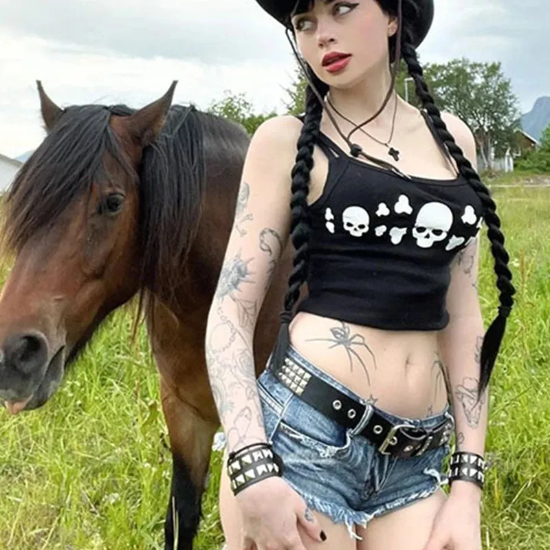 Black Gothic Skull Print Crop Top
