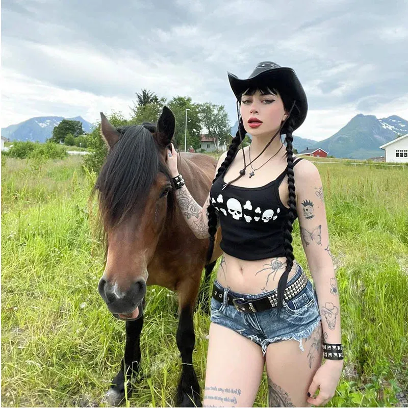 Black Gothic Skull Print Crop Top