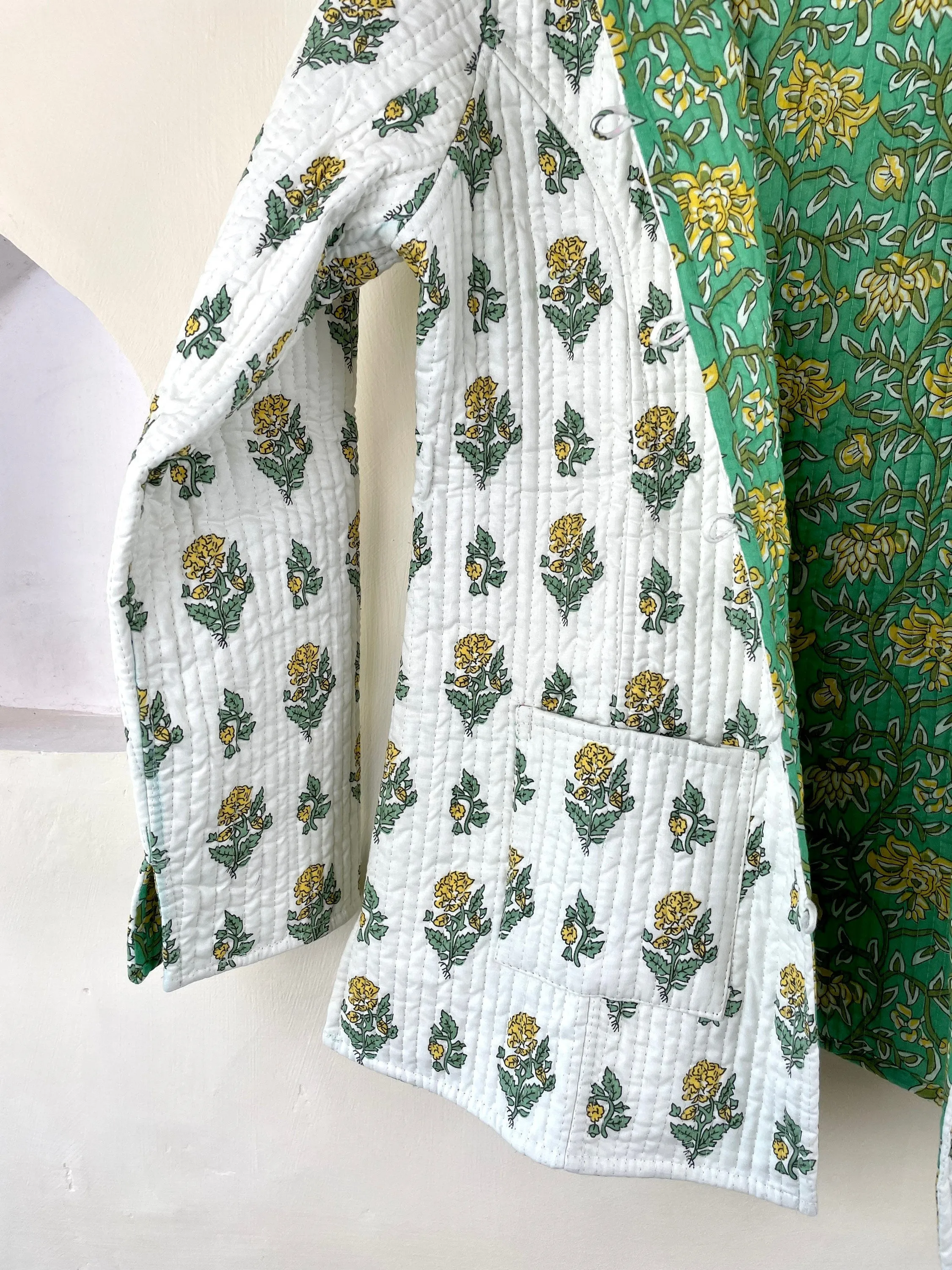 Indian Handmade Quilted Cotton Fabric Jacket Stylish White & Green Floral Women's Coat, Reversible Waistcoat for Her