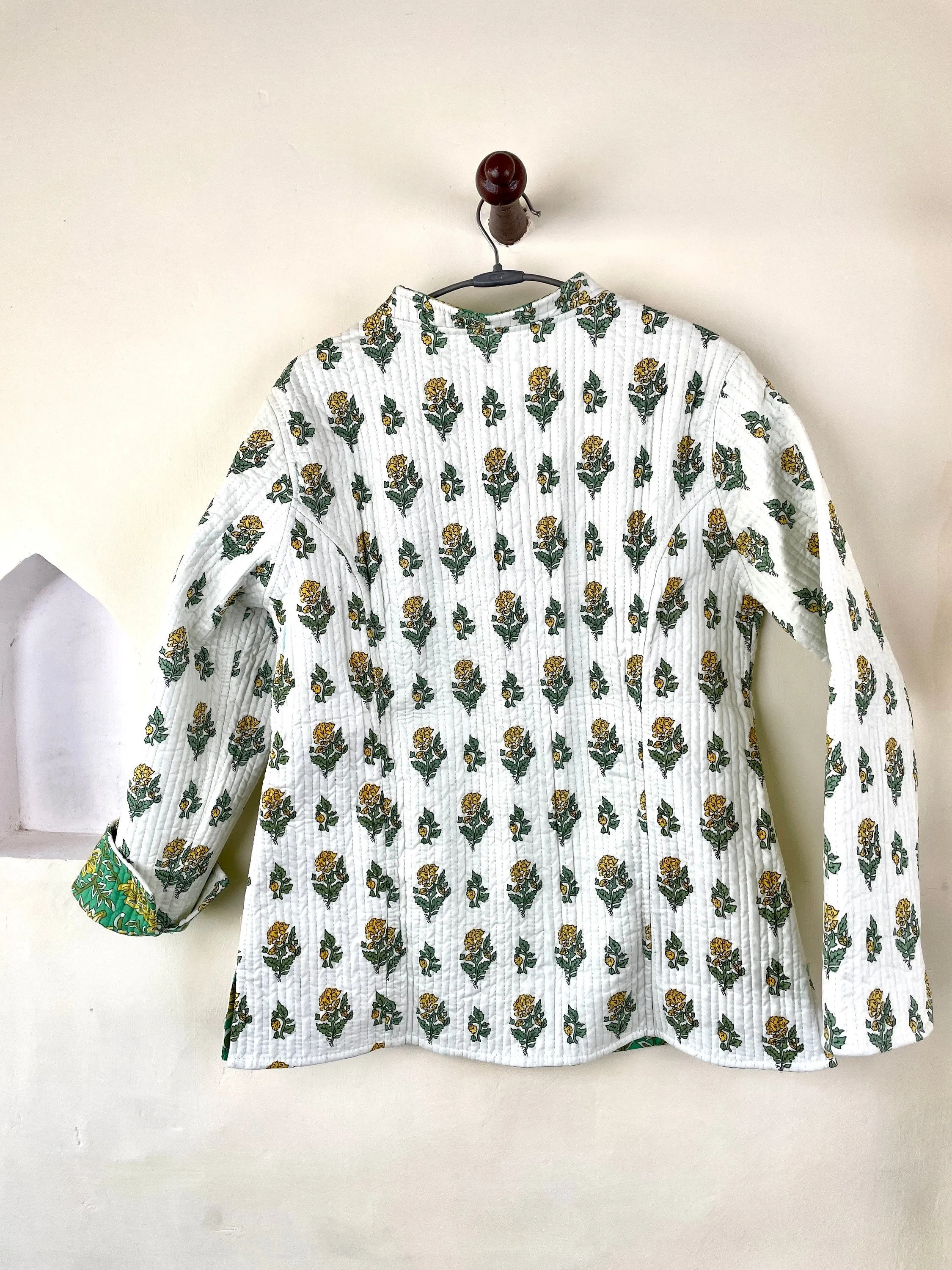 Indian Handmade Quilted Cotton Fabric Jacket Stylish White & Green Floral Women's Coat, Reversible Waistcoat for Her